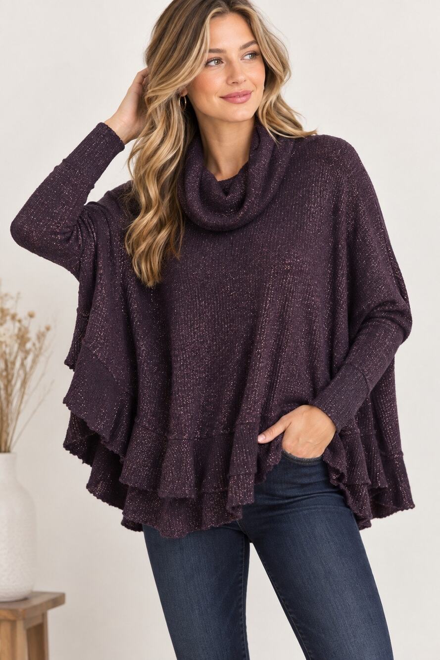 Anthropologie 9-H15 STCL Purple Metallic Cowl Neck Ruffle Sweater XS/S